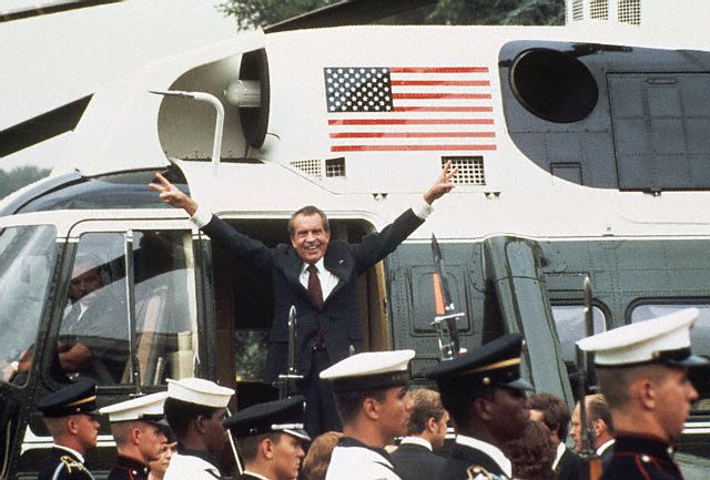 Richard M. Nixon Boards the White House Helicopter August 9, 1974.